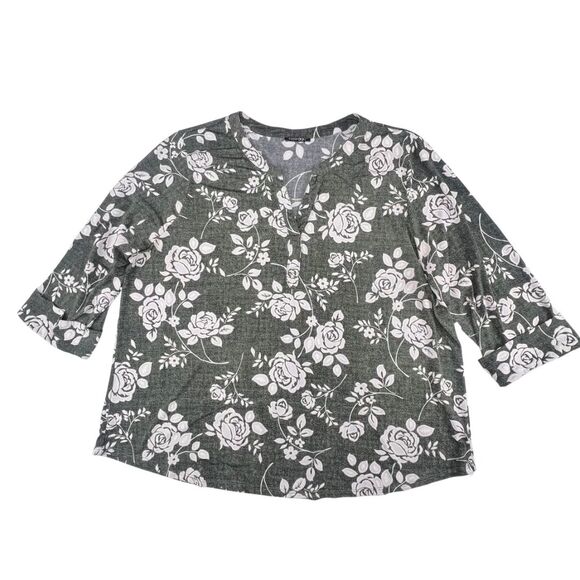 Papermoon Blouse 3X Gray Green Tones Floral White Rose Print Split Neck Top - Picture 1 of 9